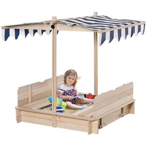 Outsunny Sandkasten Sandkiste aus Holz für Garten Sandkasten mit Dach Felix Kindersandkasten mit Dach abnehmbar Rücklehnen verstellbar Tannenholz 3-7 Jahren 106 x 106 x 121 cm Natur von Outsunny