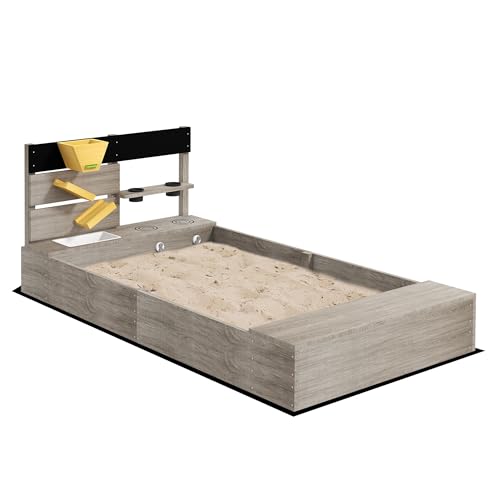 Outsunny Sandkasten mit Küchenelementen, Sandkiste aus Holz, 154 x 80 x 60 cm Sandbox Bodenloses Design für 3-7 Jahre Kinder, Garten, Grau von Outsunny