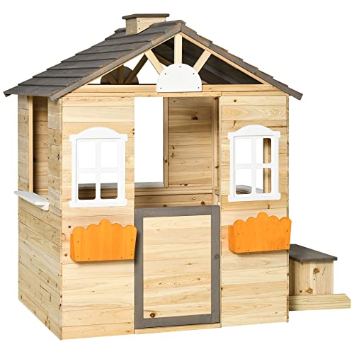 Outsunny Spielhaus für Kinder Holz Kinderspielhaus mit Fenster Briefkasten Outdoor Gartenspielhaus mit Blumentopfrack Holzspielhaus für 3-7 Jahre Tannenholz Natur 113 x 94 x 134,5 cm von Outsunny