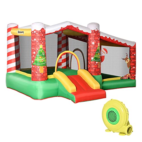 Outsunny Weihnachten Aufblasbare Hüpfburg Trampolin kleine Rutsche Ballgrube für 3 Kinder Springburg mit Gebläse für 3-8 Jahre Oxford-Gewebe Polyester Rot+Grün 325 x 270 x 175 cm von Outsunny