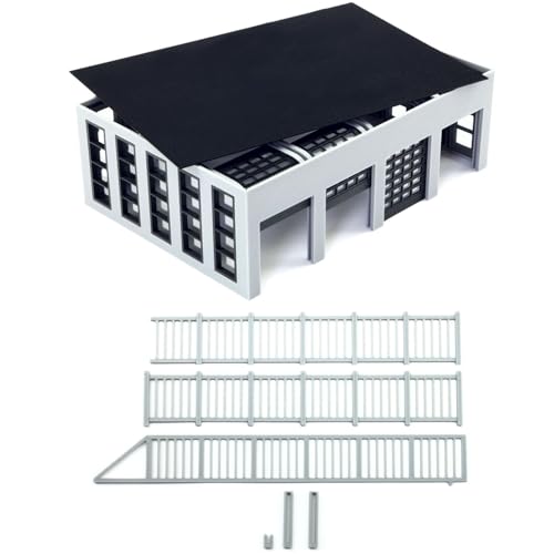 Overdrive-Racing H0 Fahrzeughalle mit beweglichen Garagentoren 1:87-4-torig - mit 180cm Zaun Lagerhalle LKW Halle Werkstatt, Fahrzeughallen Set:mit Zaun Grau von Overdrive-Racing