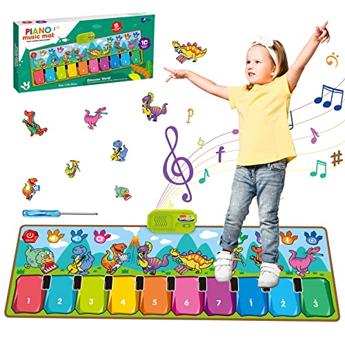 Ovngoof Musikmatte Klaviermatte für Kinder(Dinosaurier Edition), Keyboard Kinder Tanzmatte mit 10 Tasten,10 Liedern & 8 Instrumenten, Spielzeug Geschenke für Kleinkinder Jungen Mädchen(110 x 36 cm) von Ovngoof