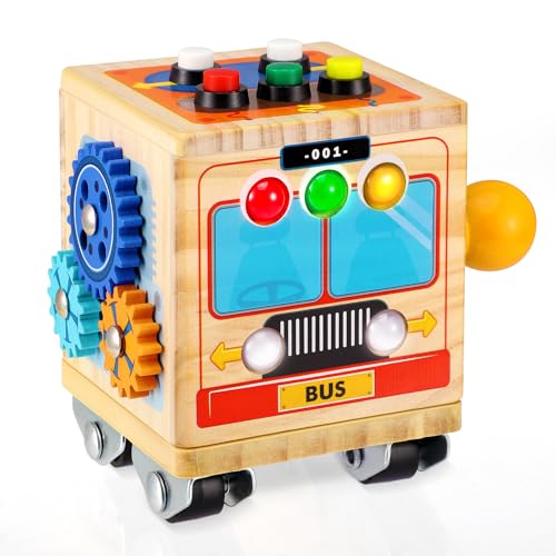 Ovshnrr Busy Cube for Kleinkinder, Busy Bus Spielzeug Holz, LED Busy Board Lichtschalterspielzeug Activity Board Motorikspielzeug für Jungen und Mädch von Ovshnrr