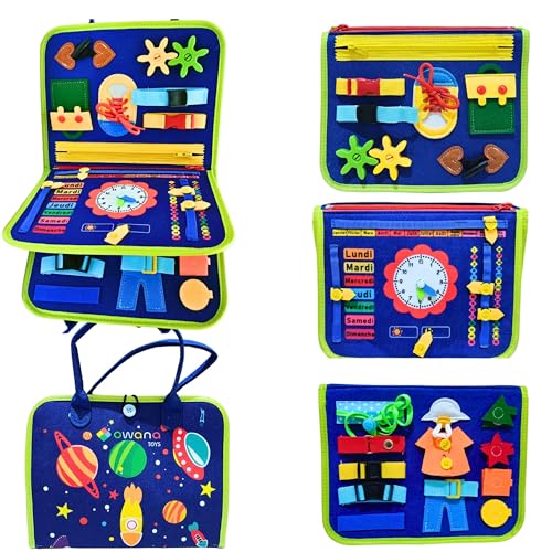 Owana Toys Das Busy Board Französisch Spiele für Kinder Montessori 1 Jahr 2 Jahre 3 Jahre Motorik Kinder Geschenk Mädchen Jungen bis zur Grundschule zum Lernen Datum Uhrzeit sensorisches Reisespiel von Owana Toys