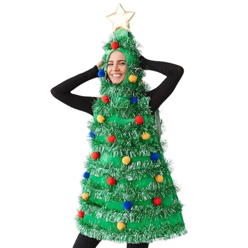 Christmas Tree Costume Xmas Green Tree Dress Sleeveless Hood Tops Red Plush Ball Tinsel Adult Cosplay Party Prop (Green, One Size) von Owegvia