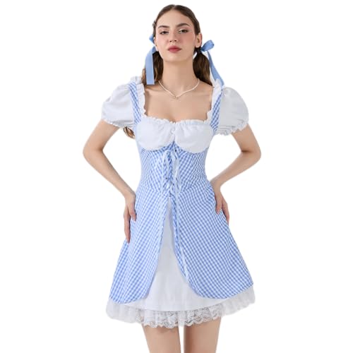 Dorothy Costume Women Halloween Costume Sweetie Costume Short Puff Sleeve Lace Hem Plaid Corset Party Gingham Dress (Blue, M) von Owegvia