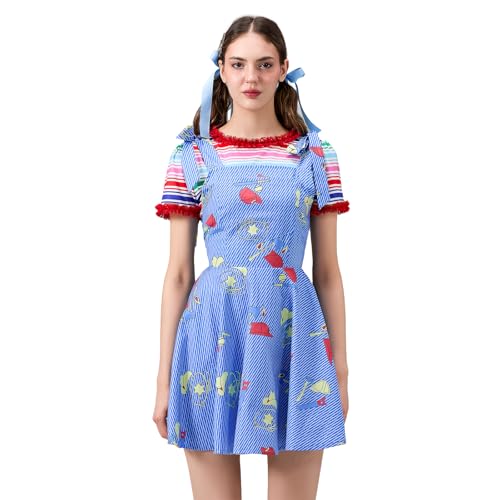 Halloween-Kostüm für Damen, gruseliges Killer-Puppen-Kostüm, kurzärmelig, Regenbogen-Top, Gesamtkleid-Set (Blau, XL) von Owegvia