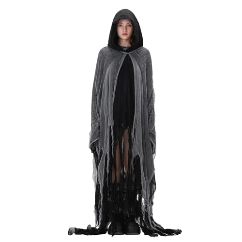 Halloween Medieval Cloak With Hood Exaggerated Ripped Grim Reaper Cape Cosplay Props Horror Cape Renaissance Cloak For Adult (Black, One Size) von Owegvia