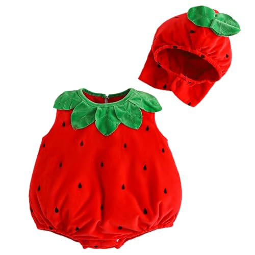 Owegvia Baby Boy Girl Strawberry Costume Set Fleece Leaf Trim Sleeveless Strawberry Romper Hat Halloween Cosplay Clothes (Red, 18-24 Months) von Owegvia