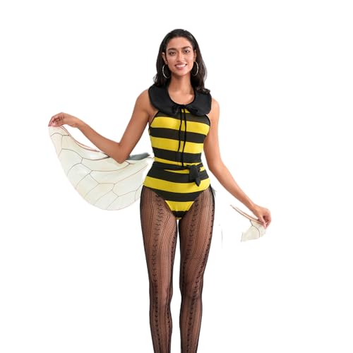 Owegvia Bienen Kostüm für Damen Lustiges Tier Halloween Kostüm für Erwachsene Gestreifte Biene Bodysuit Kragen Flügel Set Cosplay Party Outfit (Yellow, L) von Owegvia