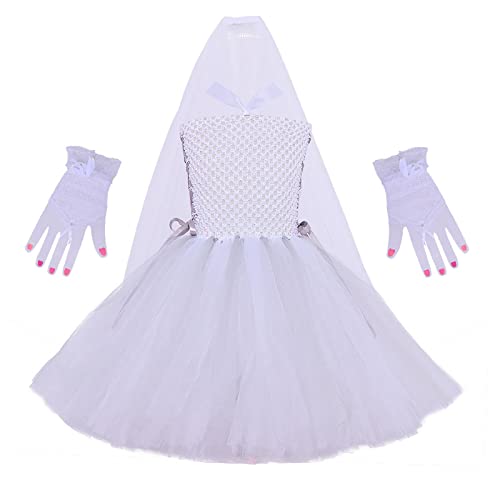 Owegvia Children Ghost Bride Cosplay Dress Halloween Vampire Bride Role Play Costume For Little Girl Tulle Tutu Dress With Gloves & Veil (White, 2-3T) von Owegvia