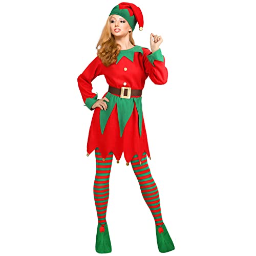 Owegvia Christmas Elf Costumes Long Sleeve Dress And Belt Hat Shoes For Women Girl Party Role-Playing Cosplay Green Santa Suit (Red, Children) von Owegvia