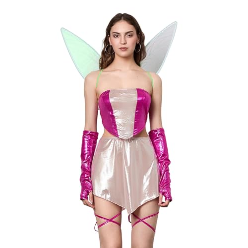 Owegvia Feen-Halloween-Kostüme für Damen, Schmetterlings-Rave-Outfit, Schmetterlingsflügel, Armärmel, Beinbänder, Cosplay, Feenflügel-Kostüm (Rosa, L) von Owegvia