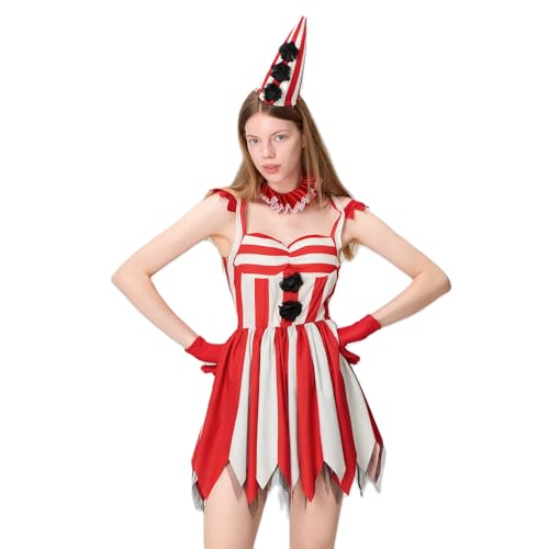 Owegvia Gruseliges Clown-Kostüm für Damen, gestreift, schulterfrei, Minikleid, Hut, Handschuhe, Choker, Cosplay-Kostüm für Halloween, Bühnenparty, Rot, Größe XL von Owegvia