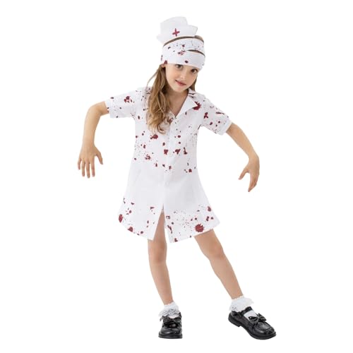 Owegvia Gruseliges blutiges Krankenschwester-Kostüm für Mädchen, gruseliges Kurzarmkleid mit Hut-Set Halloween Cosplay-Outfits (White, L) von Owegvia