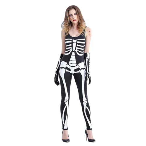 Owegvia Halloween 3D Printed Costume for Women Sleeveless Jumpsuits Horror Skeleton Costume Party Role Play Outfits with Arm Sleeve (Black, L) von Owegvia