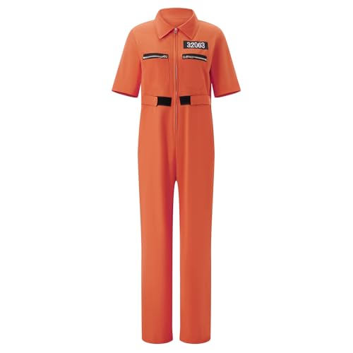 Owegvia Halloween-Kostüm für Damen, Häftlingskostüm, Reißverschluss, Nummer, Reverskragen, kurzärmelig, Jumpsuit, lustige Cosplay-Kleidung (Orange, L) von Owegvia