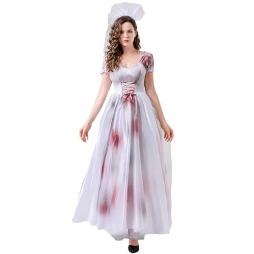 Owegvia Halloween-Kostüm für Damen, Totbraut-Kostüm, Geist, Leiche, Braut, Korsett-Kleid und Schleier, Blumen-Stirnband-Set für Cosplay-Outfits (Grau, XXL) von Owegvia