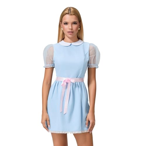 Owegvia Halloween-Kostüm für Damen, gruseliges Lolita-Kleid, gruseliges Zwillingskleid, gruselige Schwester, gruselige Puppenkleid (rosa Gürtel, L) von Owegvia