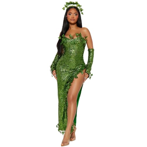 Owegvia Halloween Leaf Green Poison Ivy Cosplay Costume Sequin Strapless Dress with Wrap Skirt and Arm Sleevs Glasses Set (army green, L) von Owegvia