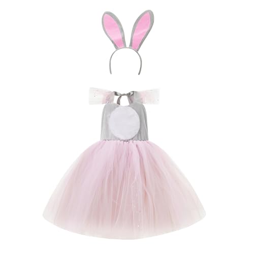 Owegvia Hasenkostüm für Kinder, Mädchen, Pailletten, Tüll, Kaninchenkleid, Set mit Stirnband, Fliege und Schwanz, für Kleinkinder, Cosplay, Spiel-Outfit (Rosa, 3–4T) von Owegvia