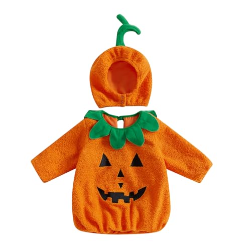 Owegvia Kid Halloween Pumpkin Costume Pumpkin Bodysuit With Hat Long Sleeve Round Neck Tops With Hat Set Cosplay Clothes (Orange, 2-3T) von Owegvia