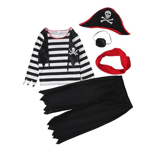 Owegvia Kids Boys Halloween Costume Pirate Striped Top And Pants Hat Set For Toddler Cosplay Party Holiday Outfit (Black, S) von Owegvia