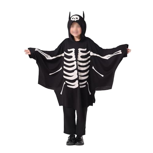 Owegvia Kids Halloween Bat Costume Luminous Skeleton Print Hooded Cape Cosplay Costume For Halloween Stage Party (Black, 7-8 Years) von Owegvia