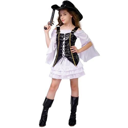 Owegvia Kids Halloween Pirate Costume Girls Vest Hat And Pirate Dress Set For Toddler Cosplay Party Holiday Outfit (White, 14-16 Years) von Owegvia