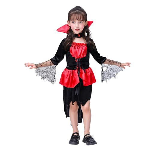 Owegvia Kinder Mädchen Vampir Kleid Langarm Patchwork Halloween Lang Kleid Cosplay Kleid Mädchen Gothic Vampir Kostüm (Black, 5-6 Years) von Owegvia