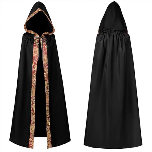 Owegvia Unisex Halloween Hooded Cloaks Medieval Tie-up Long Cape Vampires Cosplay Costumes Wizard Robe Cloak With Hood (Black, M) von Owegvia