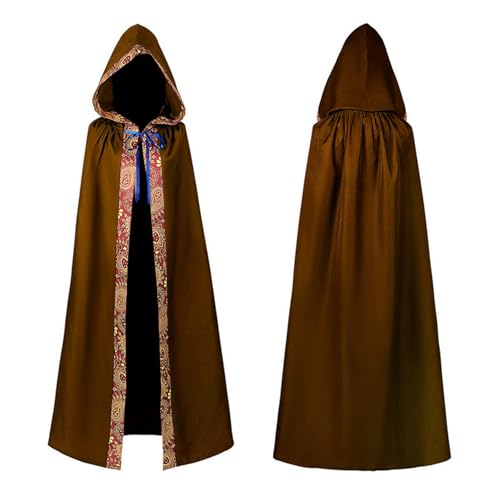 Owegvia Unisex Halloween Hooded Cloaks Medieval Tie-up Long Cape Vampires Cosplay Costumes Wizard Robe Cloak With Hood (Brown, M) von Owegvia