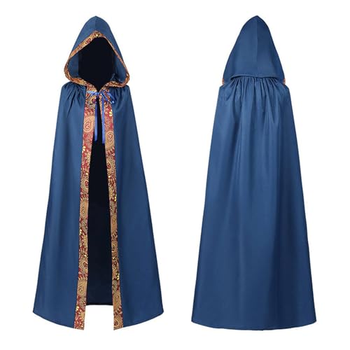 Owegvia Unisex Halloween Kapuzenumhang Mittelalter zum Binden langer Umhang Vampire Cosplay Kostüme Zauberer Robe Umhang mit Kapuze (Blau, XL) von Owegvia