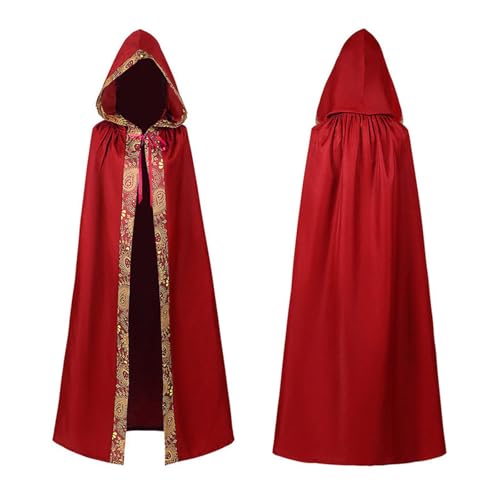 Owegvia Unisex Halloween Kapuzenumhang Mittelalter zum Binden langer Umhang Vampire Cosplay Kostüme Zauberer Robe Umhang mit Kapuze (Rot, M) von Owegvia