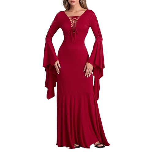 Owegvia Vampir-Kostüm für Damen, figurbetont, Gothic, Bodenkleid, Cosplay-Outfits, Deluxe-Robe-Kostüm für Damen, Rot, Größe XL von Owegvia