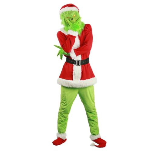 Owegvia Weihnachten Grünes Monster Kostüme Set Weihnachtsmann Hut Top Stiefel Grünes Haar Monster Maske Handschuhe Cosplay Santa Kostüm Sets (Rot, L) von Owegvia