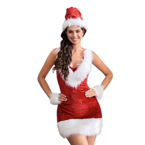 Owegvia Weihnachtskostüm für Damen, Weihnachtsmann-Set, ärmellos, pelzig, Patchwork, Minikleid, Urlaubskleid mit Hut, Handschuhen, Beinstulpen (Rot, XXL) von Owegvia