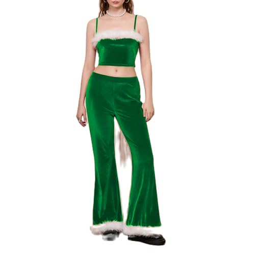 Owegvia Women Christmas Costume Santa Cosplay Costume Plush Trim Patchwork Strapless Tube Tops Elastic Waist Long Pants Party Costume (Green, M) von Owegvia