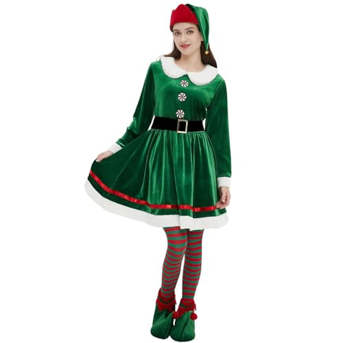 Owegvia Women Christmas Elf Costumes Cute Dress With Belt Elf Hat Shoe Covers Socks Set For Cosplay Role-Playing Party Outfits (Green, 150) von Owegvia