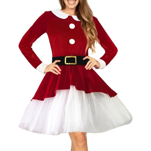 Owegvia Women Christmas Santa Claus Costumes Velvet Dress 3Pcs Velvet Long Sleeve Mesh Hem Dress Hat Belt Cosplay Sets (Red, L) von Owegvia