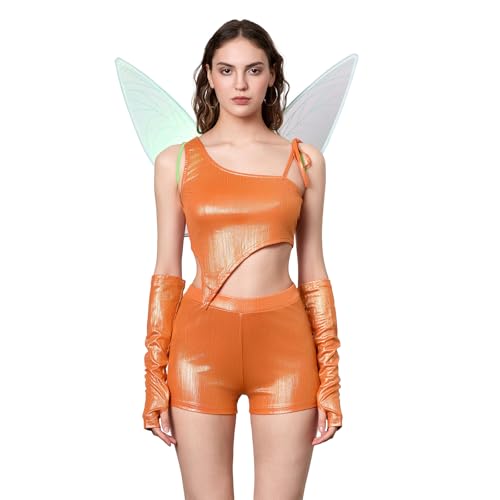 Owegvia Women Fairy Halloween Costumes Butterfly Rave Outfit Butterfly Wing Arm Sleeves Leg Ties Cosplay Fairy Wings Costume (Orange, M) von Owegvia