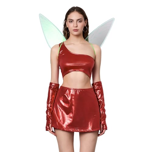 Owegvia Women Fairy Halloween Costumes Butterfly Rave Outfit Butterfly Wing Arm Sleeves Leg Ties Cosplay Fairy Wings Costume (Red, L) von Owegvia