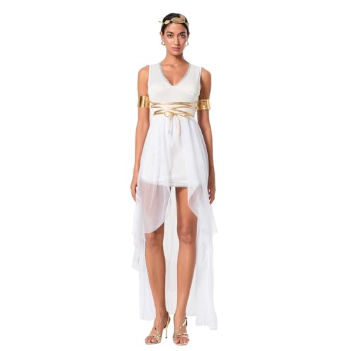 Owegvia Women Goddess Costume Set V Neck Sleeveless Dress With Cloak Gold Armbands Tie-Up Strap Headband For Halloween (White, M) von Owegvia