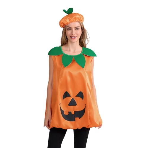 Owegvia Women Pumpkin Costume Set Leaf Trim Sleeveless Lantern Pumpkin Costume with Hat Cosplay Clothes for Halloween Stage (Orange, M) von Owegvia