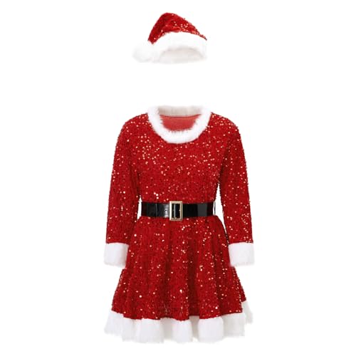 Owegvia Women Santa Claus Costume Set Christmas Costume Shiny Furry Patchwork A-line Dress With Belt And Hat Party Outfit (Red, L) von Owegvia