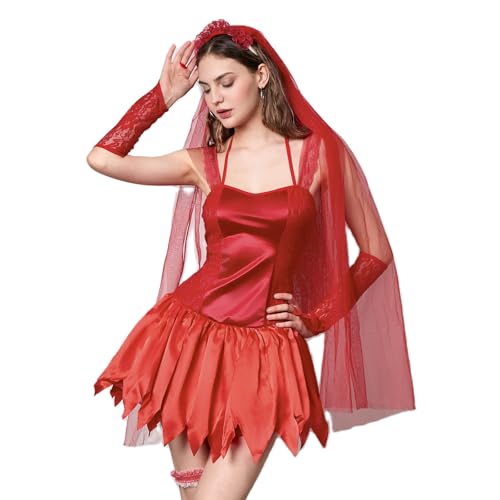 Owegvia Zombie-Brautkostüm für Damen, Geisterbraut-Kostüm, Halloween, Cosplay, Fasching, Partykleid mit Schleier, Armärmeln und Beinkreis, Rot, Größe L von Owegvia