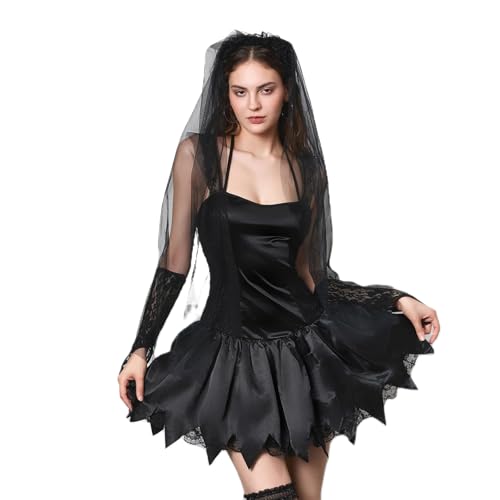 Owegvia Zombie-Brautkostüm für Damen, Geisterbraut-Kostüm, Halloween, Cosplay, Fasching, Partykleid mit Schleier, Armärmeln und Beinkreis, Schwarz, Größe L von Owegvia