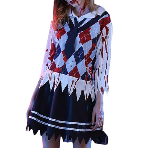 Owegvia Zombie-Schulmädchen, Erwachsene, Damen, Halloween-Outfit, blutiges kariertes Oberteil mit Rock, Krawatte, Zombie-Kostüm, Cosplay, Schuluniform (Mehrfarbig, L) von Owegvia