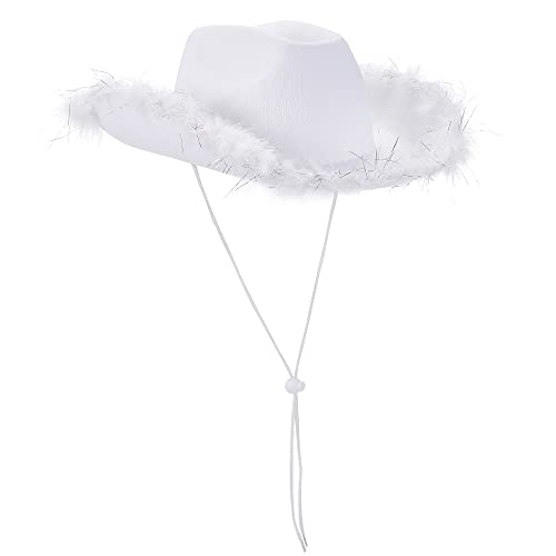 Damen Cowboyhut mit Federbesatz/Glänzende Dekoration, Filz Flauschiger Cowgirl-Hut Disco Pailletten Hut Neuheit Halloween Kostüm Party Verkleidung Accessoire (Weiß mit Feder Pailletten #220) von Owl's-Yard