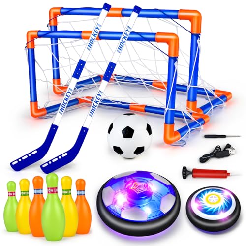 Own1one Air Power Fußball, 4 in 1 Wiederaufladbar Hover Fußball Hockey Set mit LED, Kinderspielzeug Fußball Geschenke für Kinder Jungen Mädchen 3 4 5 6 7 8 9 10 Jahre von Own1one